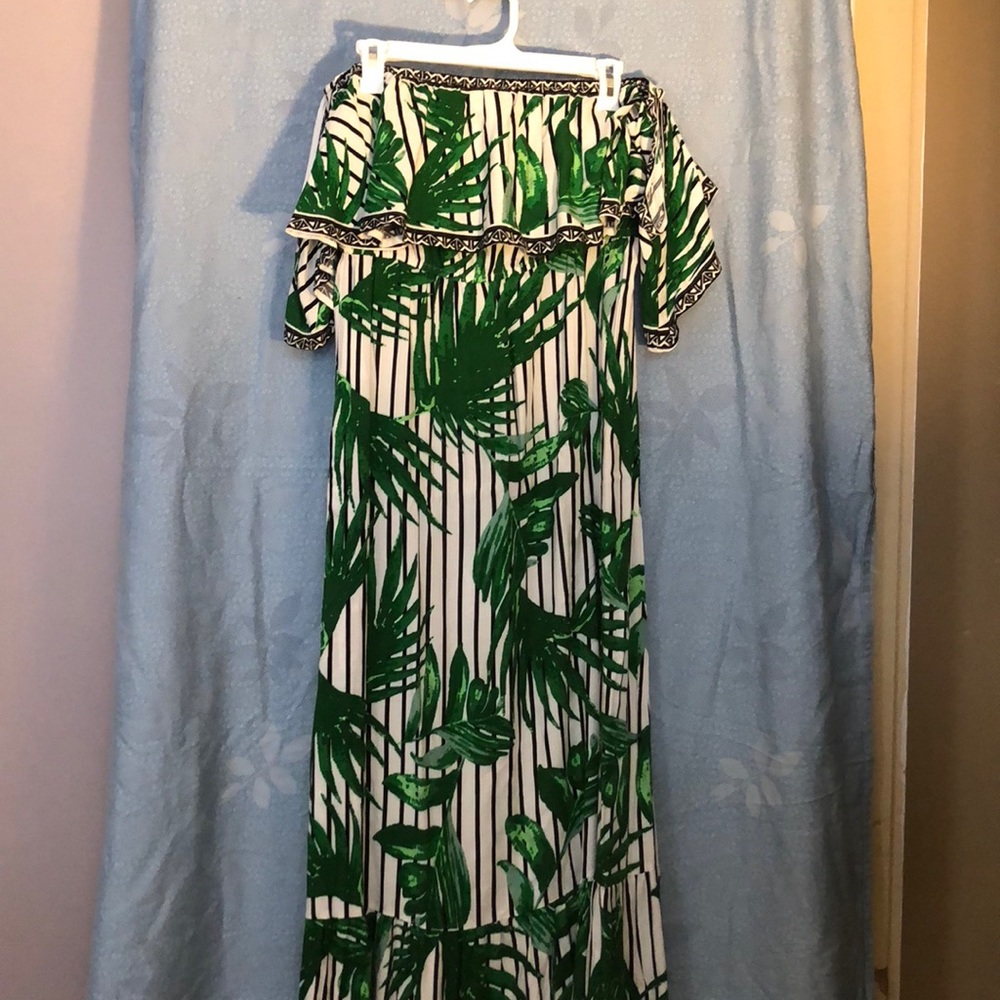 Off the shoulder, tropical maxi dress